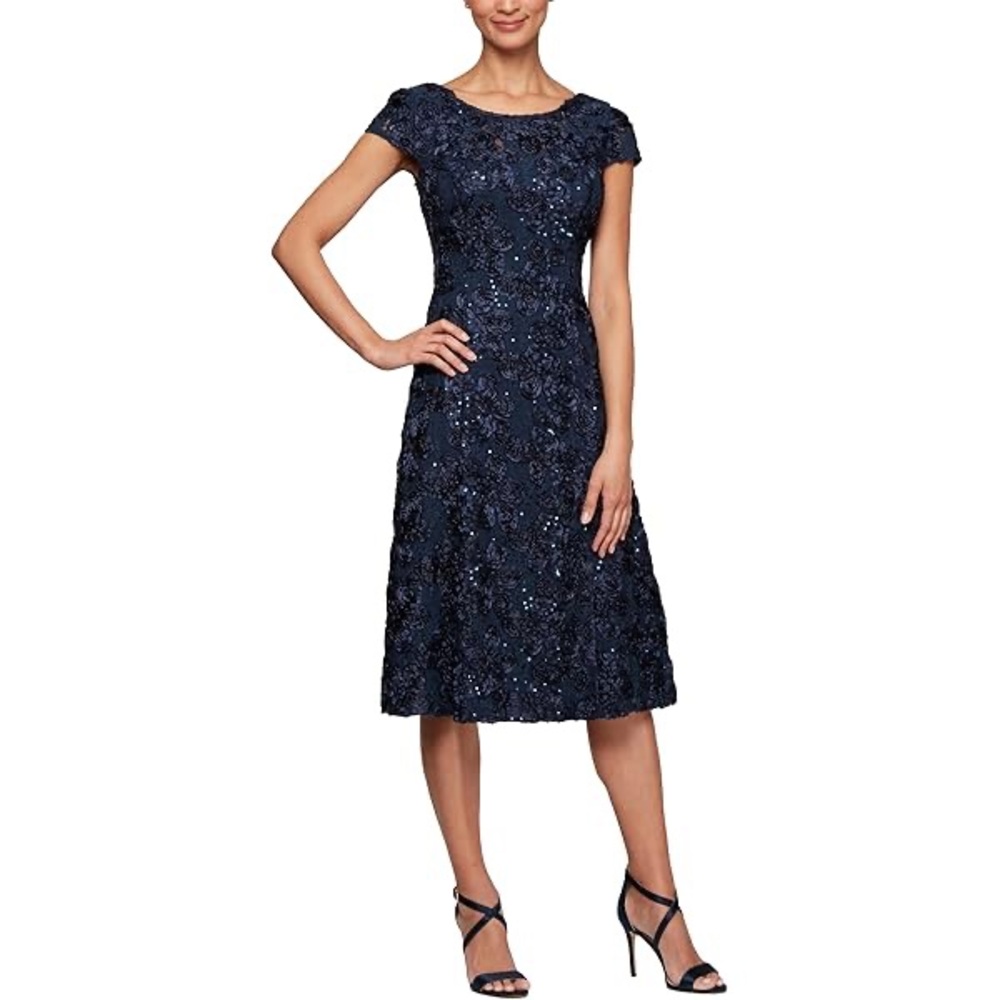 A-Line Rosette Lace Tea Length Dress w/ Scoop Neck & Cap Sleeves Deep Blue Sz 10